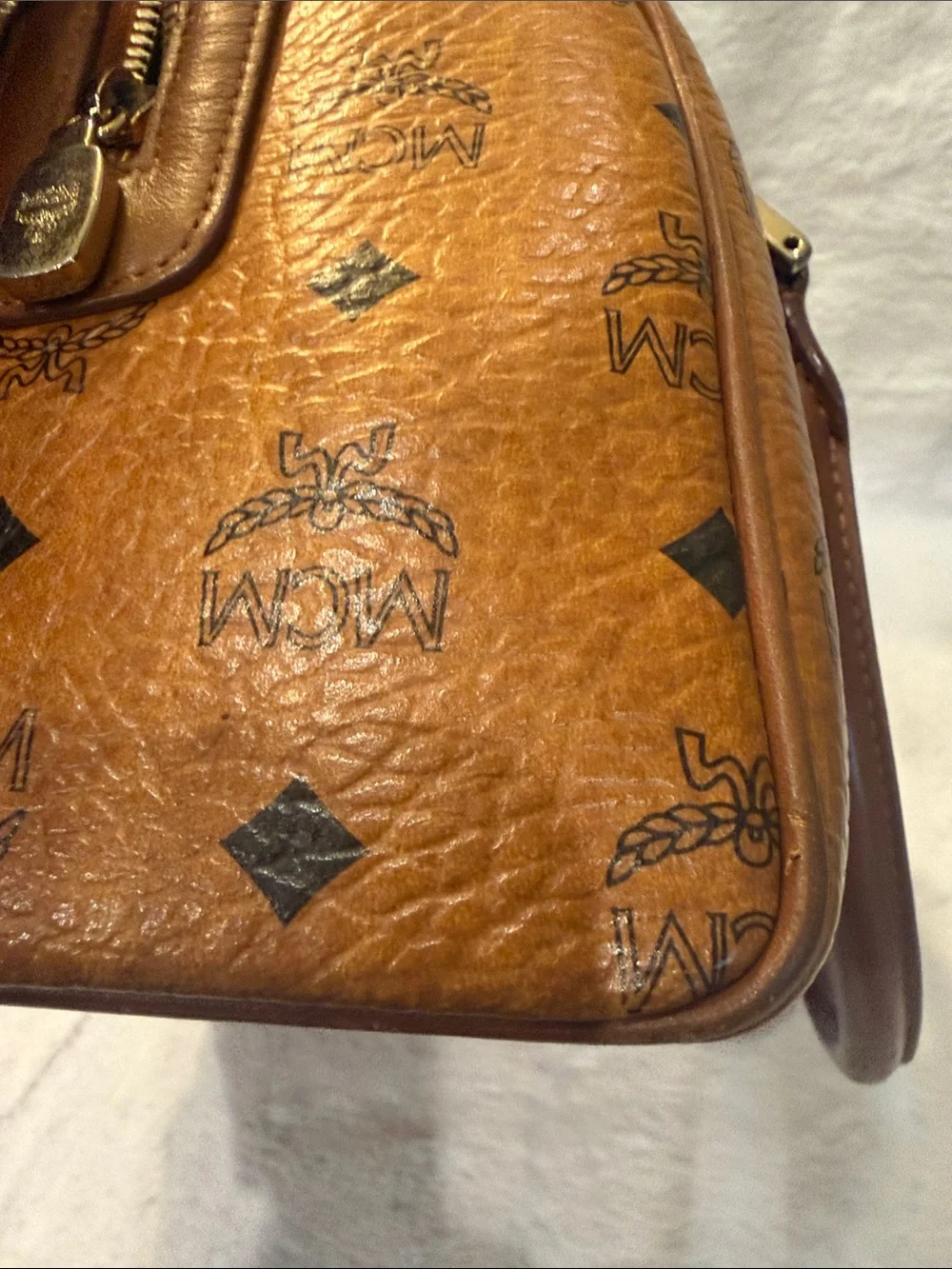 MCM Cognac Monogram Visetos Satchel with Gold Charms
